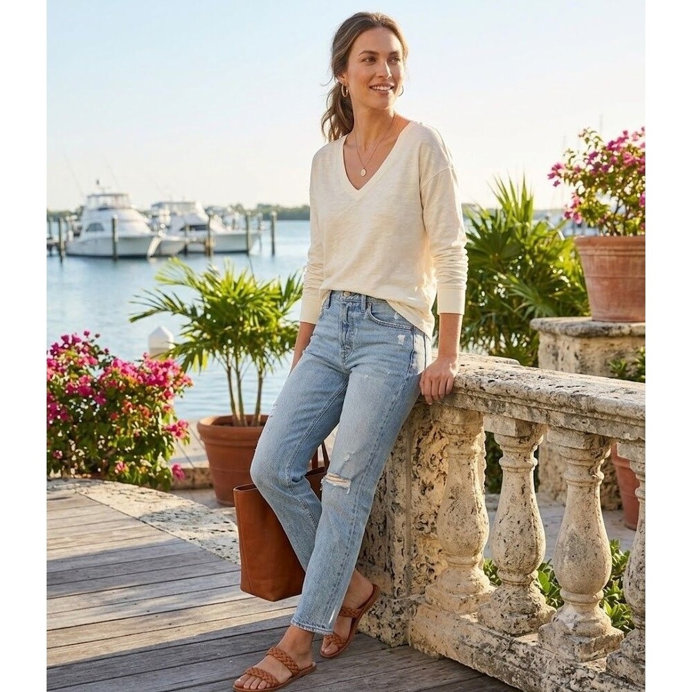 Madewell Womens M Ivory Loose Fit Deep V-Neck Long Sleeve T-Shirt